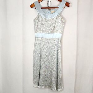 Blue Silk A-Line Dress Sz 2 Crosshatch Pattern Geometric Green Pink Blue Cream